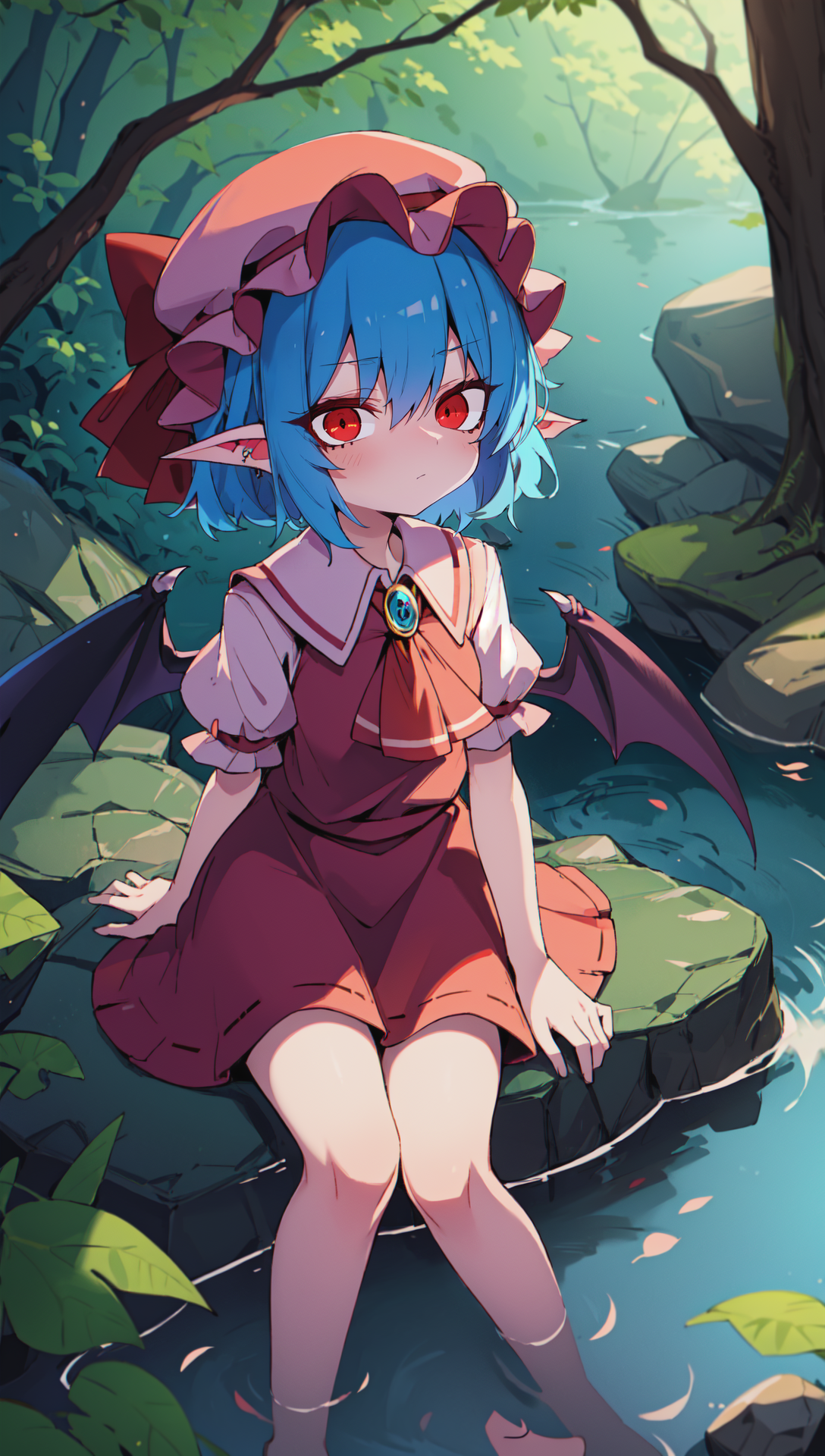 remilia scarlet, blue hair, mob cap, bat wings, ascot, red eyes, superb, sitting on a rock beside a stream, reflection, na...